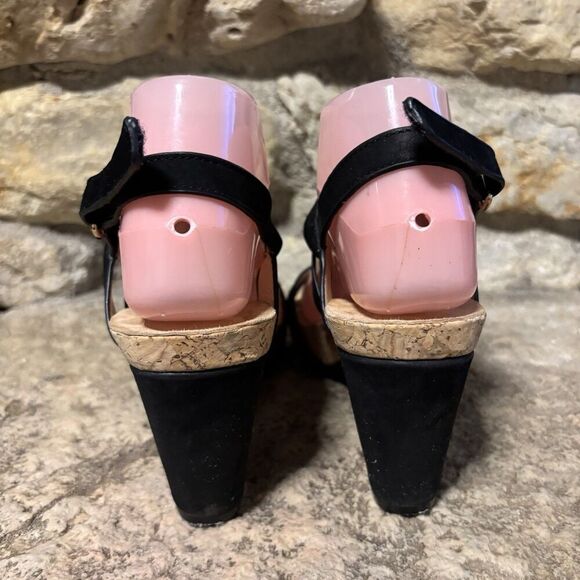 TARYN Rose Black Suede Nubuck T-Trap High Wedge Heels Strappy Bow Sandals W’s 7 - Picture 5 of 8